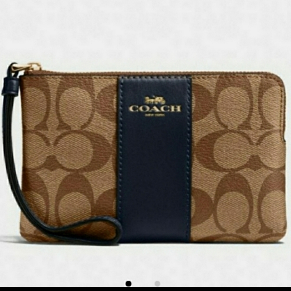 New Coach khaki blue Corner Zip Wristlet Canvas nwt new